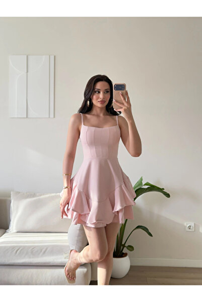 Zoom Butik Volanlı Twist Prenses Elbise - PEMBE