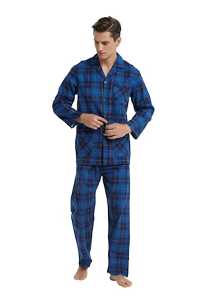 Global Set Pijama Barbat Finet, Bumbac 100%, Model Carou Albastru Pastel, S-M...