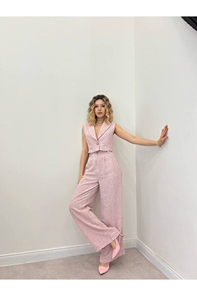 Miss Beyoğlu Women's Linen Single Button Vest and Pants Two-Piece Set