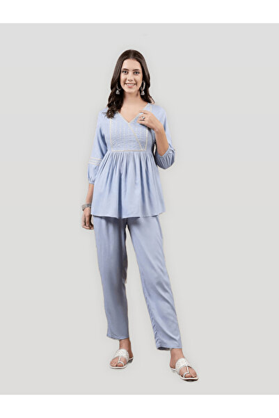 DESIQLO By Styli Blue Embroidered V Neck Tunic and Pants Co-Ord Set