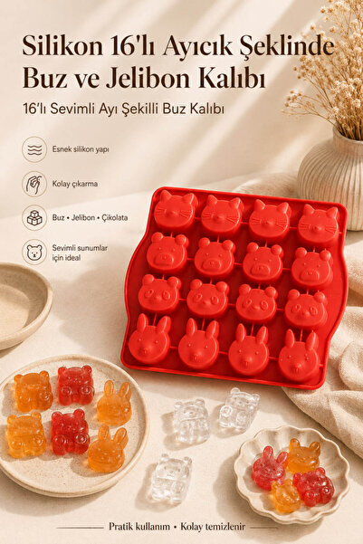 Anadolu Saray Silikon 16’lı Ayıcık Şekilli Buz ve Jelibon Kalıbı, Sevimli Ayı...