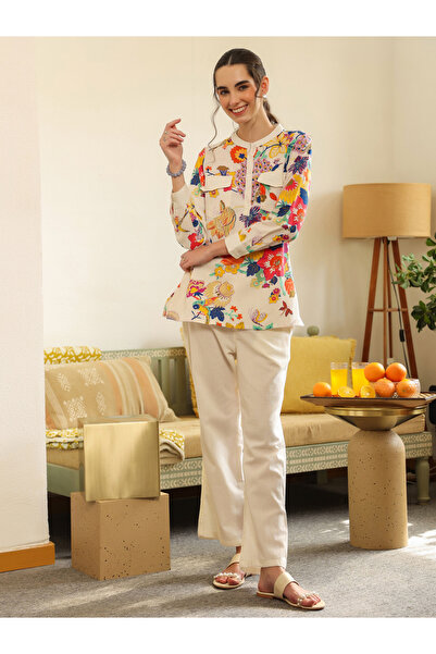 Sanskrutihomes By Styli White Tropical Print Cotton Shirt and Pants Co-ord Set