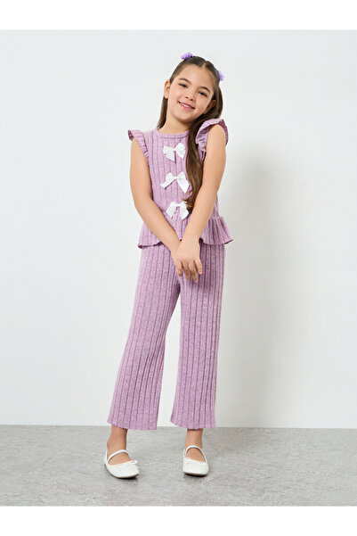 Styli Girls Lilac Knit Top and Pants Set with Bows