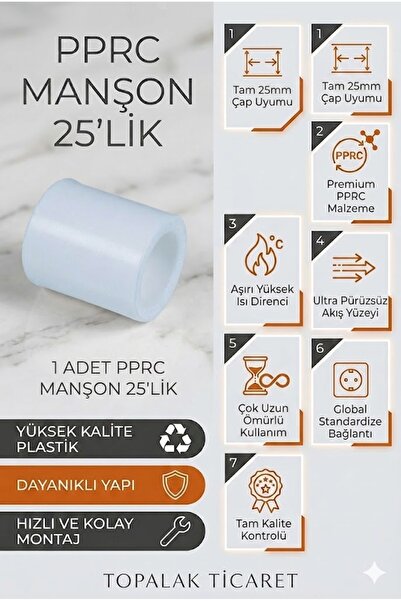 TOPALAKTİCARET PPRC Manşon 25'lik Plastik Boru Ekleme Rakoru 1 Adet Tesisat Bağlantı Elemanı