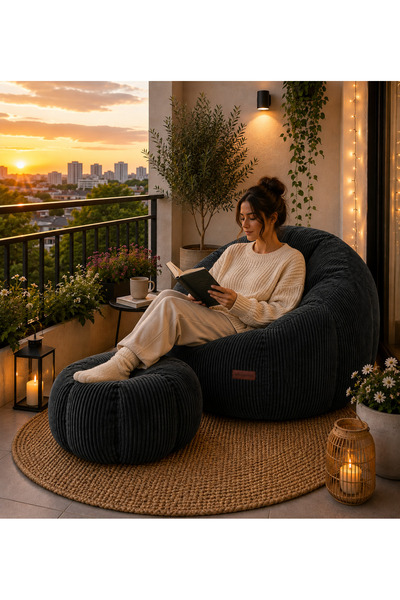 puffiber Balkon Takımı Büyük Puf Koltuk ve Ayak Pufu Seti – Bahçe, Teras ve O...