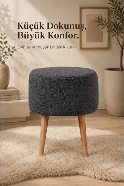 DEKOZUM PUFLY Peluş Çok Amaçlı Dekoratif Puf koltuk Dekoratif Puf Ahşap Ayakl...