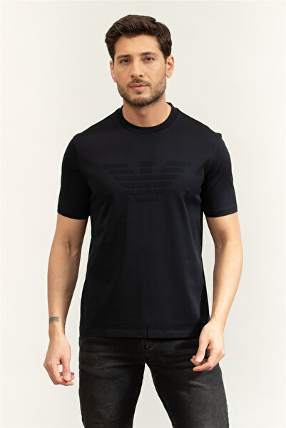 Emporio Armani Men's Regular Cut Textured Logo Detailed Round Neck Cotton Sho...