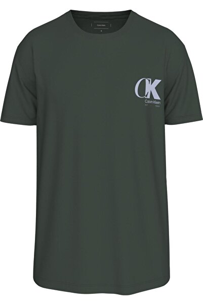 Calvin Klein Ss 20S Eu Ck Overlap Graphic Tee Erkek Bisiklet Yaka T-Shirt Yeşil