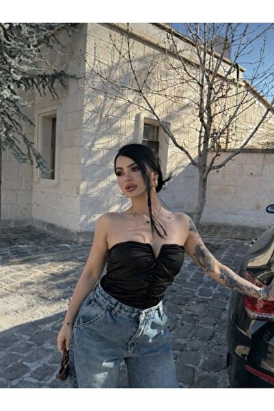 cuteliay butik V Yaka Straplez Büzgülü Büstiyer Bluz