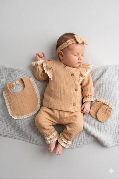 Saninbaby طقم خروج من المستشفى مكون من 5 قطع من الموسلين الدانتيل الرقيق للفت...