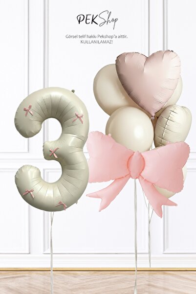 PEKSHOP Pink Bow Ribbon Decorated 3 Year Old Balloon Theme Birthday Balloon Set