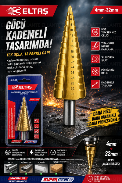 ellante Kademeli Matkap Ucu HSS Çelik Titanyum Kaplama Delik Açma Ucu 4-32 mm