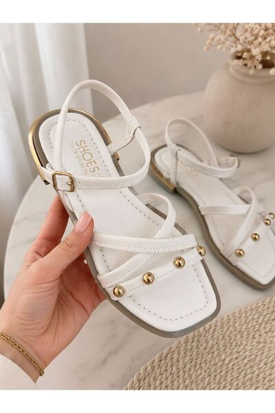 PLN SHOES Women's Trok Detailed White Cross-Strapped Comfortable Daily Comfor...