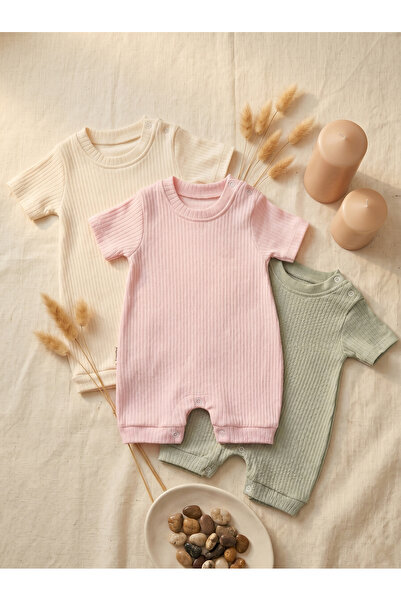 Noone Bebek 3'lü Kısa Tulum Set | Pastel Üçlü (Krem+Pembe+Mint)
