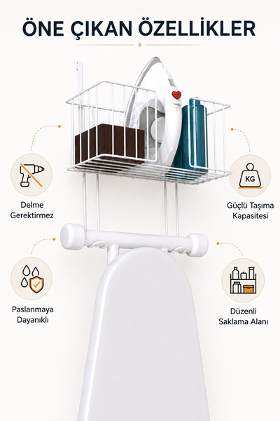 Alper Banyo Beyaz Kapı Arkası Ütü Masası Askılı Düzenleyici Sepet, Metal Organizer, Raf Ütü ve Aksesuar Saklama Rafı