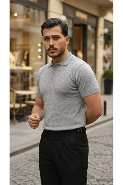 Efnaz style Men's Button Collar Short Sleeve Cotton Knitwear T-Shirt