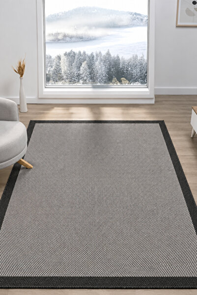 VİTALİHOME Sisal Prime Bej Siyah İskandinav Yıkanabilir Bordürlü Halı Kilim B...