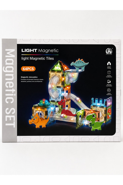 Magnetic Light Tiles 64 Parça Işıklı Manyetik Dinozor ve Top Parkuru Seti