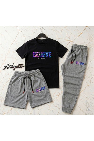 SILATU طقم مطبوع من BELIEVE مكون من 3 قطع (شورت-تي شيرت-بنطلون رياضي)