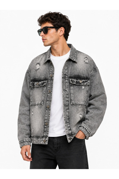 arden wear Erkek Oversize Yıkamalı Kot Ceket Açık Gri
