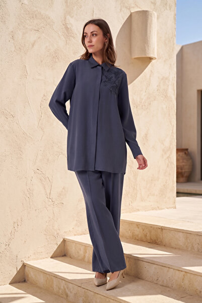 Nuss Beaded Embroidered Shirt Trousers Set 1070 Indigo