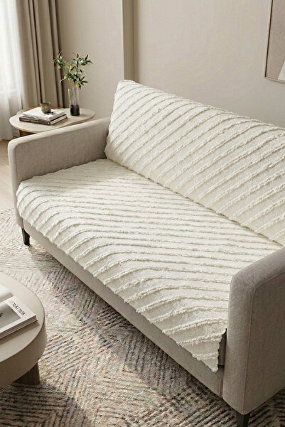 Onaltı Tekstil Bearded Chenille Sofa Cover Non-Slip Textured Modern Sofa Shawl