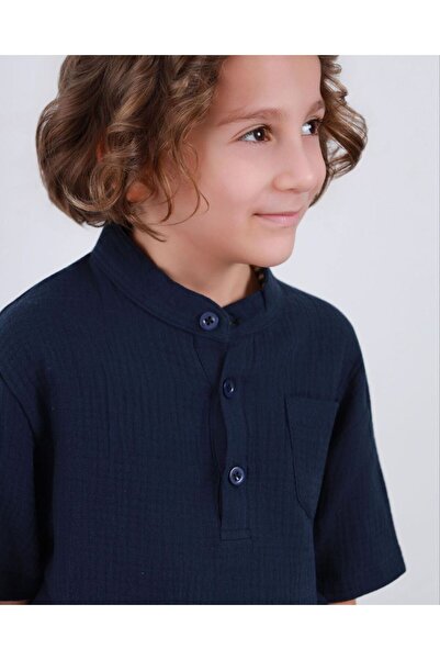 VOSVOSBABY Dark Blue Hakim Collar Children's Shorts Muslin Set