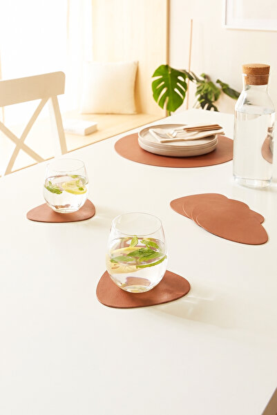 Homewave 4 Adet Taba/Gri Renk Suni Deri Bardak Altlığı 13x11.5
