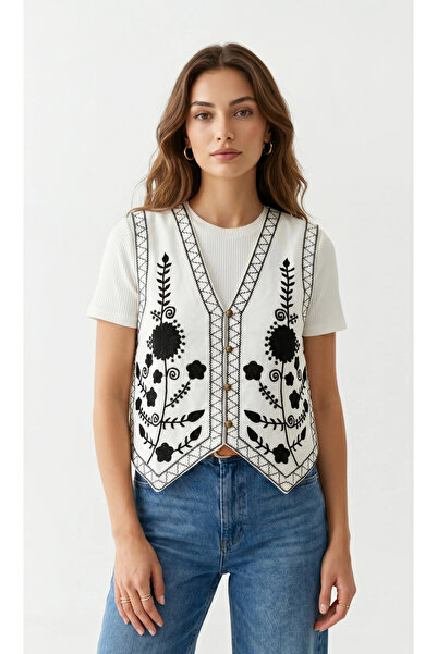 TATULA Floral Embroidered Buttoned Linen Vest