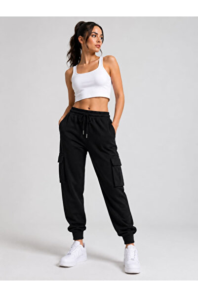 ciwi&life Women's Black Double Cargo Pocket Sweatpants Elastic Waist Casual S...