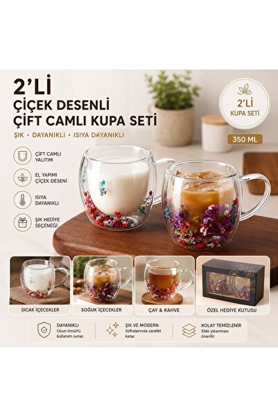 Northern Star 2li Çiçek Desenli Çift Camlı Bardak Seti