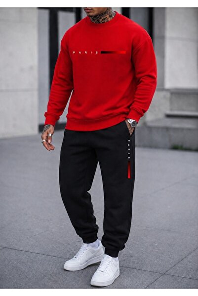 FAEL LİFE Unisex Wide Cut Zero Necklace Sweatpants Paris Red Striped Printed ...