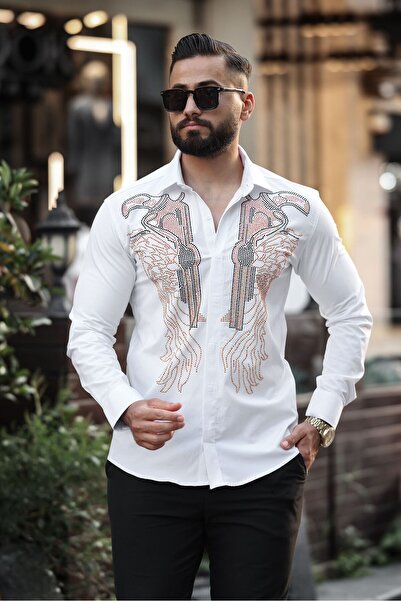 BAYIM Aslan Figürlü Özel Tasarım Erkek Beyaz Slim Fit Gömlek Taş Detaylı