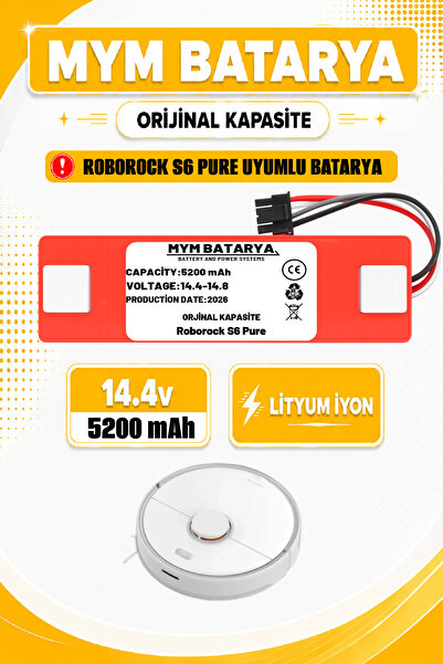 MYM BATARYA Roborock S6 Pure Uyumlu Akıllı Robot Süpürge Bataryası 14.4v 5200...