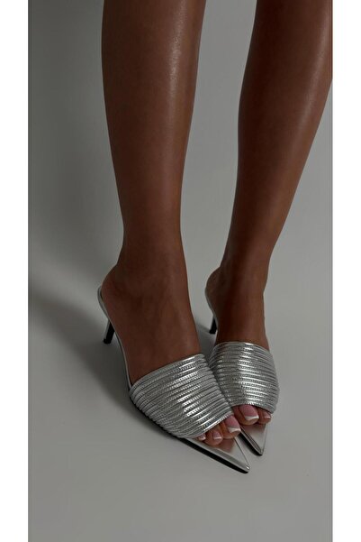 Naz Luxury Shoes Shena Heelled Slippers Silver