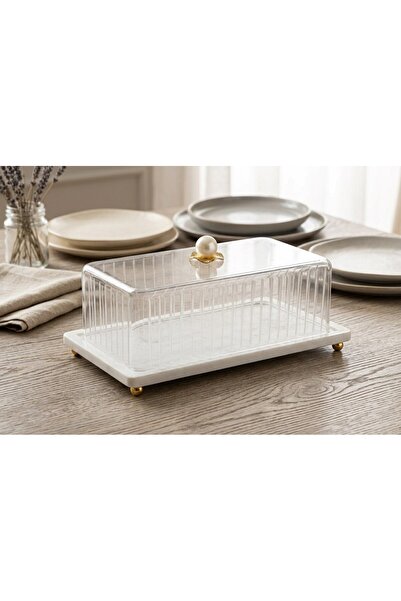 Sembol Rectangular 39cm Marble Serving Platter with Glass Lid – Luxurious Nat...