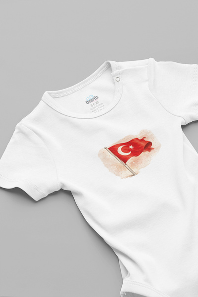 Overoz Türk Bayrağı Türkiye Maç Baskılı Beyaz Kısa Kollu Bebek Body Zıbın Kız...