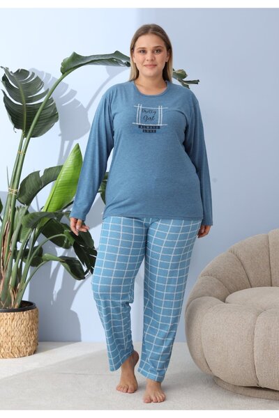 lindros Women's big size dark blue pajamas, Pretty Girl print, 100% cotton