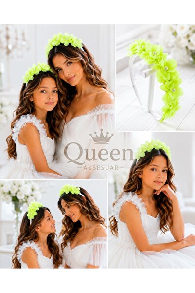 QUEEN AKSESUAR Neon Phosphorescent Yellow Floral Pearl Embellished Crown Henn...