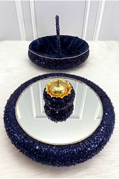 ZEYMERADE Navy Blue Shiny Stone Henna Night Tray Basket Bridal Set, Sequin Mi...