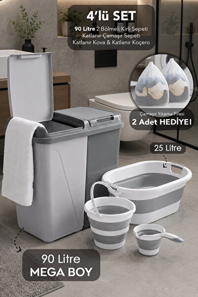 Meleni Home 4'lü Banyo Seti - 90Lt Platin Kirli Sepeti Akordiyon Çamaşır Sepe...