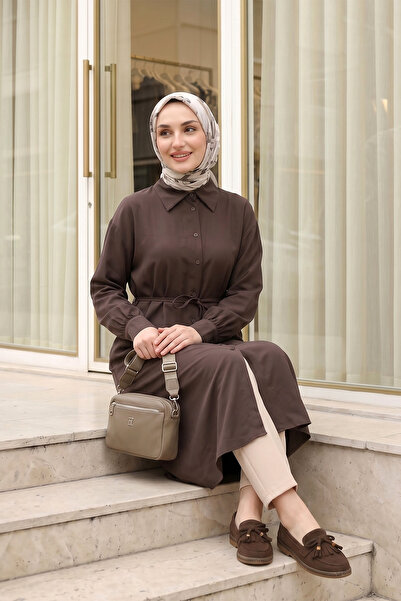 FERHEL Hijab Buttoned Shirt Collar Tie-Waist Long Crepe Tunic - Brown