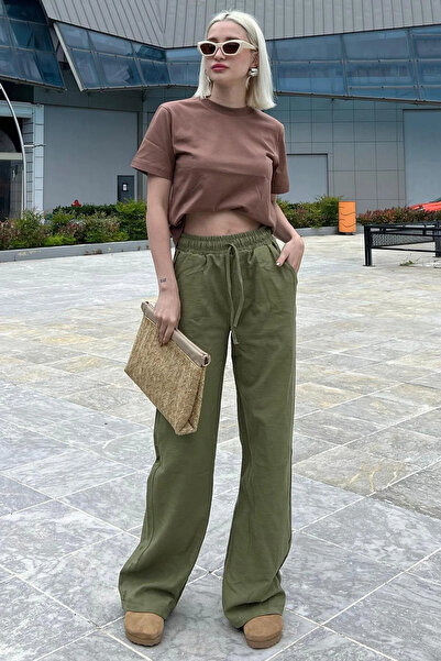 Livik Dora Khaki Drawstring Wide Leg Women's Trousers New Season 2026