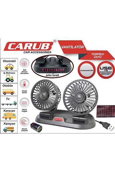 Carub Vantilatör Torpido Üstü Usb Çift Kafa + Parkmatik Ev Ofis Vantilatör