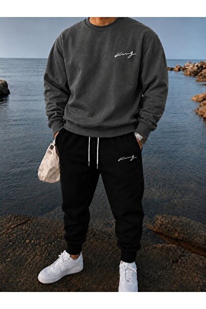 FAEL LİFE Unisex Wide Cut Zero Necklace and Sweatpants King Handwritten Print...