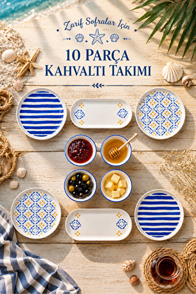 naturelove 10 Parça 4 Kişilik Oceana Stoneware Kahvaltı Takımı - Özel Desenli...