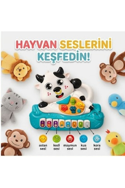 LRS STORE Sesli Işıklı Bebek Piyanosu – Hayvan Sesli İnek Figürlü Çok Modlu G...