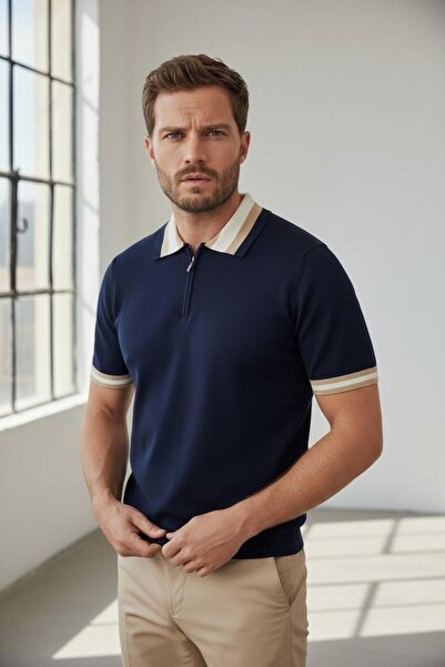 Sarar İnterview Fermuarlı Polo Yaka Rayon İnce Triko Lacivert-Beyaz T-Shirt