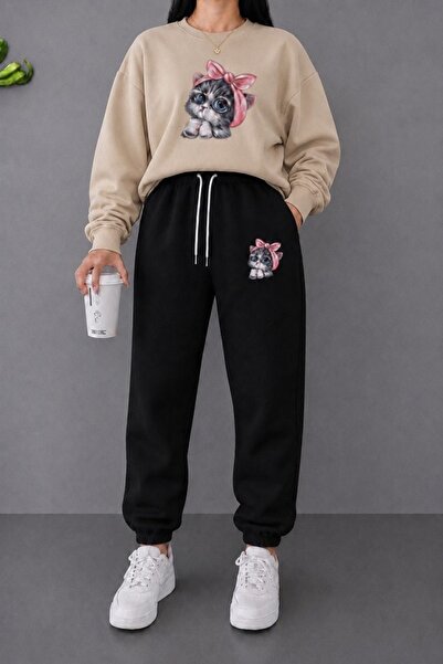 FAEL LİFE SET UNISEX CU GULER LARG ȘI PANTALONI DE TRENING CU IMPRIMEU CU PISICI