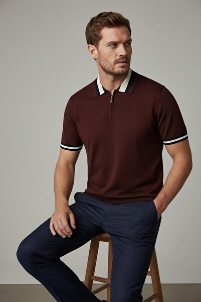 Sarar İnterview Fermuarlı Polo Yaka Rayon İnce Triko Koyu Bordo T-Shirt